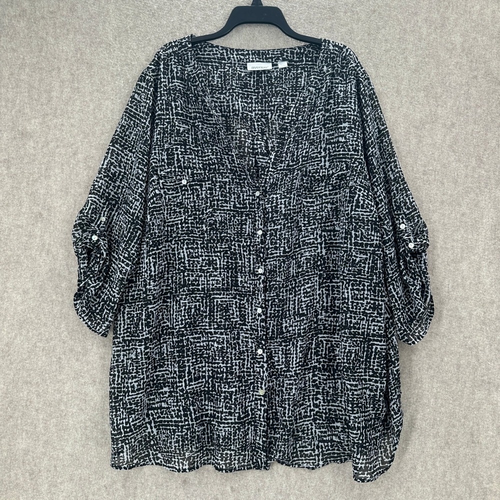 Avenue Button Down Sheer Top 30/32 Black White Abstract Roll Tab Sleeve